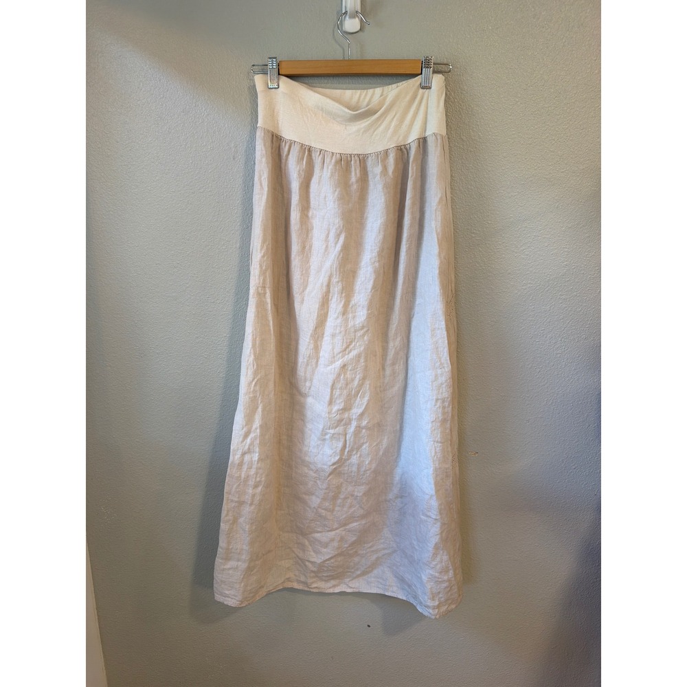 Keysha Linen Maxi Skirt Women XS Beige Tiered Crochet Lace Italy Art